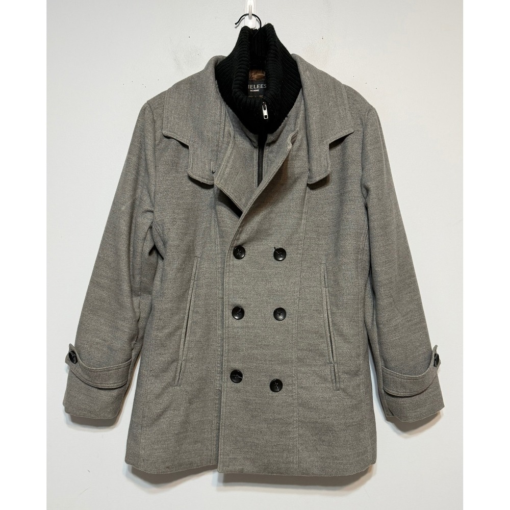 THELEES Homme Wool‎ Blend Peacoat Mens L Gray Vintage Preppy Classic Overcoat